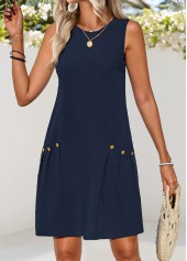 Navy Double Side Pockets Short Sleeveless Round Neck Dress | thumb picture 