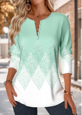 Mint Green Tuck Stitch Geometric Print Long Sleeve Blouse