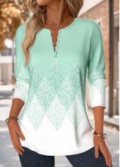 Mint Green Tuck Stitch Geometric Print Long Sleeve Blouse | thumb picture 