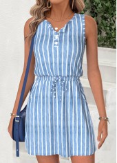 Light Blue Tummy Coverage Striped Short Sleeveless Dress