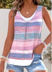 Pink Tummy Coverage Striped Sleeveless Scoop Neck Tank Top