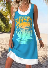 Cyan Tummy Coverage Letter Print Sleeveless Scoop Neck Dress