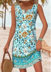 Cyan Cut Out Tribal Print Short Sleeveless Dress