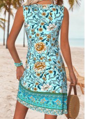 Cyan Cut Out Tribal Print Short Sleeveless Dress | thumb picture 