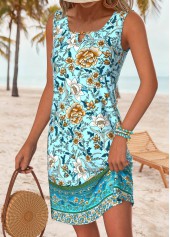 Cyan Cut Out Tribal Print Short Sleeveless Dress | thumb picture 