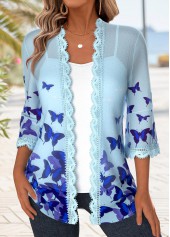 Light Blue Patchwork Butterfly Print Half Sleeve Topper