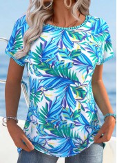 Sky Blue Tummy Coverage Leaf Print T Shirt