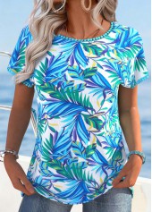 Sky Blue Tummy Coverage Leaf Print T Shirt | thumb picture 