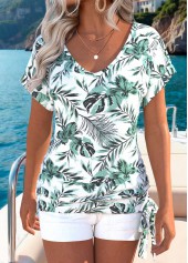 Sage Green Tummy Coverage Leaf Print T Shirt