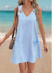 Light Blue Tummy Coverage Striped Short Sleeveless Dress