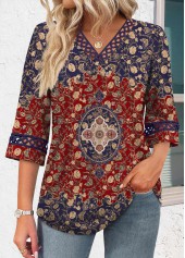 Multi Color Tummy Coverage Tribal Print 3/4 Sleeve Blouse
