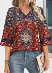 Multi Color Tummy Coverage Tribal Print 3/4 Sleeve Blouse | thumb picture 