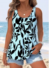 Light Blue Tummy Coverage Leaf Print Sleeveless Tank Top