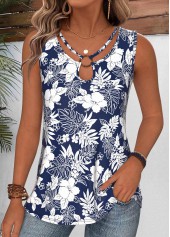 Navy Tummy Coverage Floral Print Sleeveless Tank Top