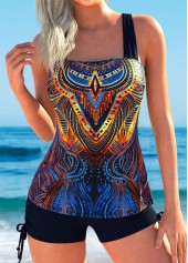 Tummy Coverage Mid Waisted Tribal Print Navy Tankini Set