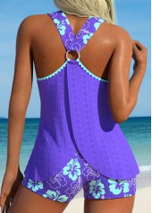 Circular Ring Mid Waisted Floral Print Purple Tankini Set