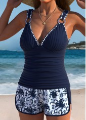 Tummy Coverage Navy Tropical Plants Print Tankini Set | thumb picture 