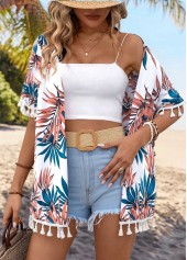 Multi Color Tummy Coverage Tropical Plants Print Light Cardigan