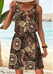 Black Tummy Coverage Tribal Print Short Sleeveless Dress