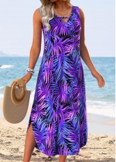 Purple Tummy Coverage Leaf Print Sleeveless V Neck Dress | thumb picture 