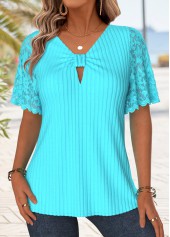 Blue Tummy Coverage Short Sleeve V Neck T Shirt