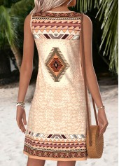 Light Camel Tummy Coverage Tribal Print Short Sleeveless Dress | thumb picture 