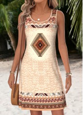 Light Camel Tummy Coverage Tribal Print Short Sleeveless Dress