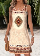 Light Camel Tummy Coverage Tribal Print Short Sleeveless Dress | thumb picture 