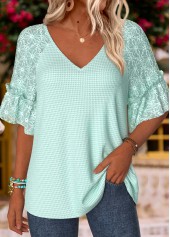 Green Patchwork Half Sleeve V Neck T Shirt