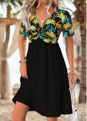 Black Tummy Coverage Tropical Plants Print Short Dress
