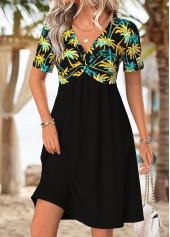 Black Tummy Coverage Tropical Plants Print Short Dress | thumb picture 