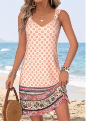 Multi Color Tummy Coverage Tribal Print Short Sleeveless Dress