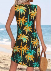 Black Tummy Coverage Tropical Plants Print Short Sleeveless Dress | thumb picture 