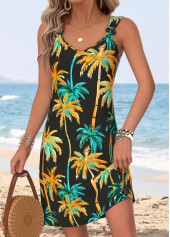 Black Tummy Coverage Tropical Plants Print Short Sleeveless Dress | thumb picture 