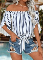 White Tie Striped Half Sleeve Off Shoulder Blouse