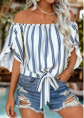 White Tie Striped Half Sleeve Off Shoulder Blouse | thumb picture 