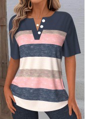 Navy Tummy Coverage Multi Stripe Print T Shirt