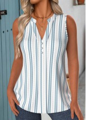 Light Blue Striped Curved Hem Sleeveless Tank Top