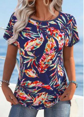 Navy Tummy Coverage Leaf Print Short Sleeve T Shirt | thumb picture 
