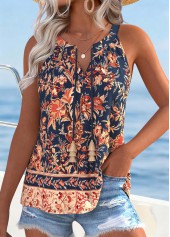 Multi Color Shirred Floral Print Sleeveless Tank Top