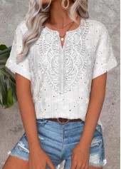 White Curved Hem Short Sleeve Split Neck Blouse