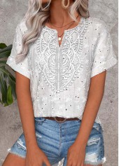 White Curved Hem Short Sleeve Split Neck Blouse | thumb picture 