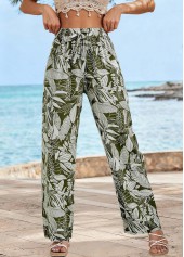 Olive Green Soft Leaf Print Straight Leg Pants