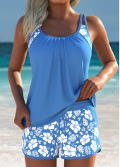 Layered Mid Waisted Floral Print Dusty Blue Tankini Set