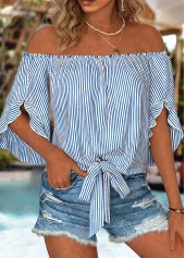 Blue Tie Striped Half Sleeve Off Shoulder Blouse