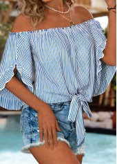 Blue Tie Striped Half Sleeve Off Shoulder Blouse | thumb picture 