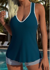 Tummy Coverage Mid Waisted Striped Peacock Blue Tankini Set | thumb picture 