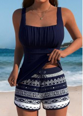 Tummy Coverage Mid Waisted Tribal Print Navy Tankini Set