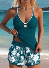 Tummy Coverage Mid Waisted Tropical Plants Print Tankini Set
