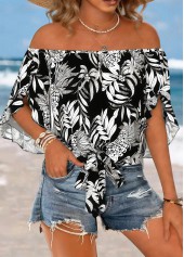 Black Tie Floral Print Half Sleeve Off Shoulder Blouse